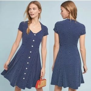 Maeve Marilyn Button Front Polka Dot Stretchy Pullover Dress Medium Blue White